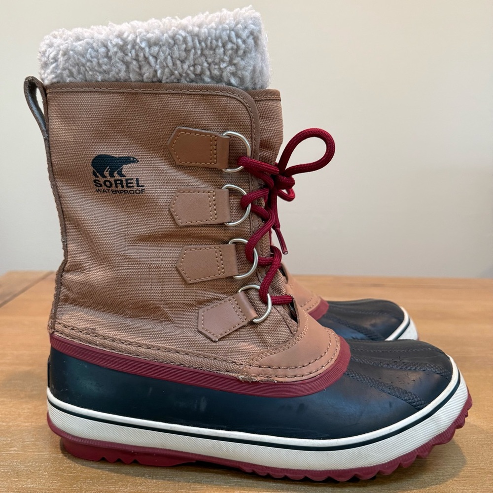 Sorel Winter Carnival Womens Waterproof Insulated Winter Boot Tan Red Black Sz 7